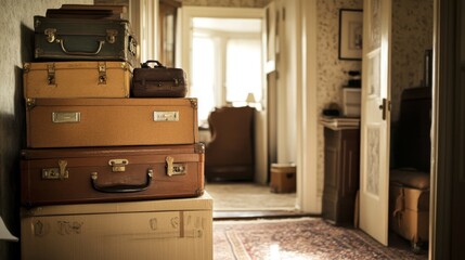 Vintage Suitcases Stacked in a Warm and Nostalgic Hallway. A Journey Through Time in a Timeless Interior.