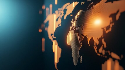Global trade negotiations. Digital world map with glowing elements in orange and blue tones.