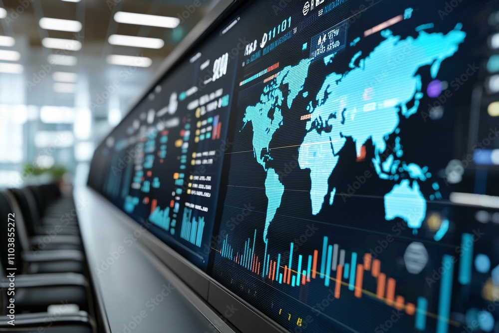 Poster global trade negotiations. digital display of global data and analytics in a modern office setting.