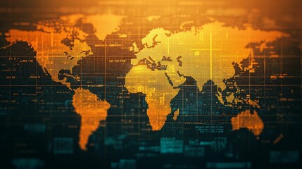 Global trade negotiations. Digital world map with orange highlights and grid background.