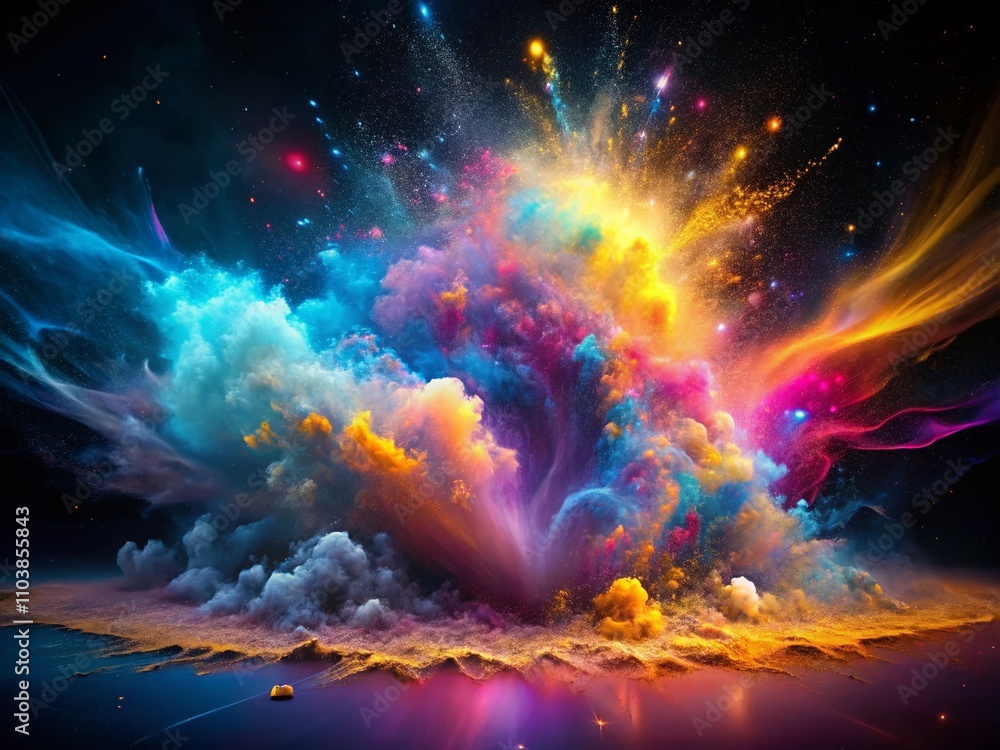 Poster stunning shockwave effect with colorful magic particles creating an ink cloud structure in a beautif