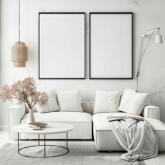 Minimalist living room interior with a white couch. a coffee table. two framed posters. a vase with flowers. and a pendant lamp