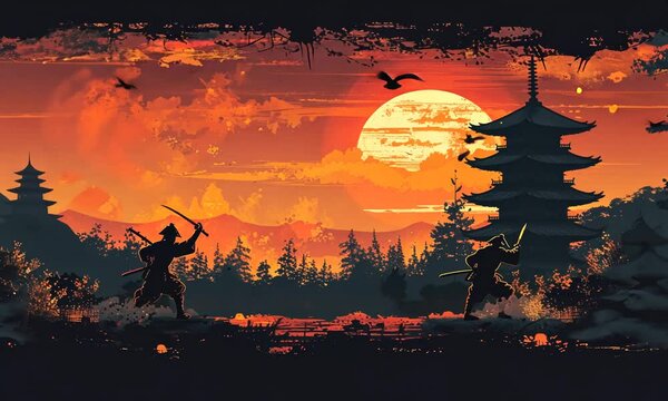 Two samurai warriors stand facing each other in silhouette with swords drawn in a dramatic scene set before a large red sun rising behind a traditional Japanese pagoda and a lush forest.
