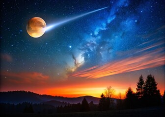 Stunning Silhouette of a Falling Comet Against a Moonlit Sky in Hyperlapse Style, Capturing the Beauty of Celestial Events and Nighttime Wonders in an Enchanting Landscape