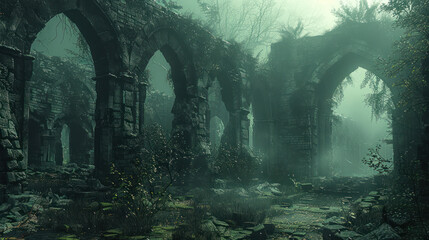 A photograph of ancient ruins immersed in dense green vegetation.  