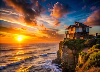 Stunning Silhouette of a House Overlooking a Serene Ocean View at Sunset, Capturing the Essence of Coastal Living and Tranquility in Nature's Embrace