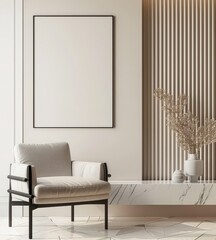 A modern living room with a comfortable armchair. a large framed artwork. and a marble-topped console table The room is decorated in a minimalist style with a neutral color palette