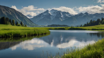 Fototapeta premium Mountain in morning light reflected in calm waters of lake
