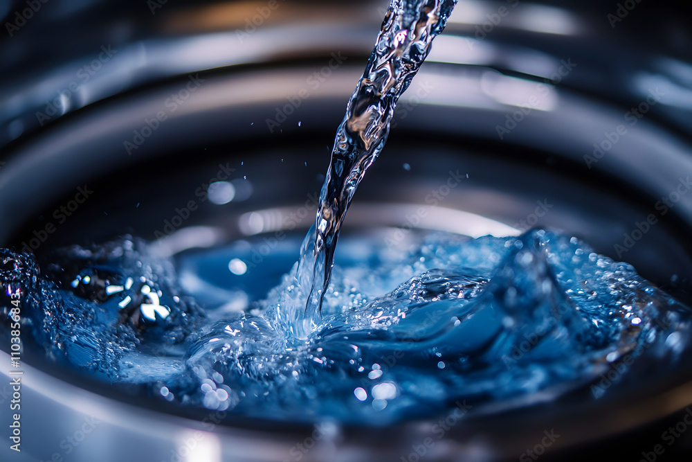 Poster water pouring into a metallic container, creating ripples and splashes.