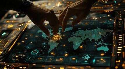 Hands interacting with futuristic world map interface.