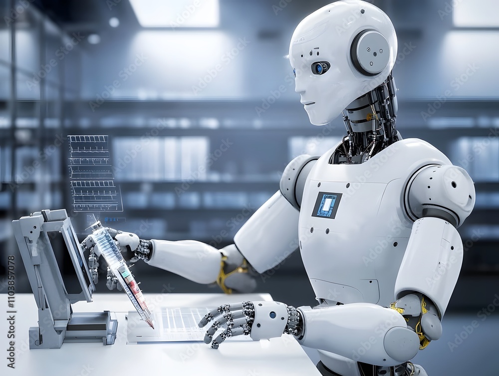 Poster a humanoid robot interacts with a computer, displaying advanced technology and automation.