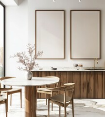 Modern kitchen interior with a dining table and two empty picture frames