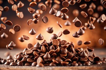 Obraz premium Stunning Silhouette Photography of Falling Chocolate Chips in Macro Shot with Soft Background, Perfectly Centered for Culinary and Dessert Themes