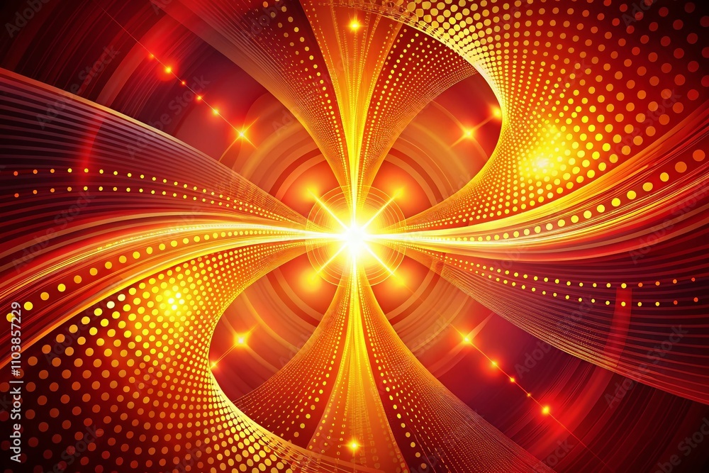 Poster stunning spiral cross pattern of bright yellow and orange lines and dots against a vibrant red backg