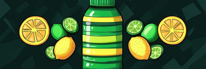 A vibrant illustration of a green bottle surrounded by lemons and limes, emphasizing citrus.