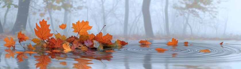 A serene scene of autumn leaves floating on water, surrounded by a misty forest atmosphere.