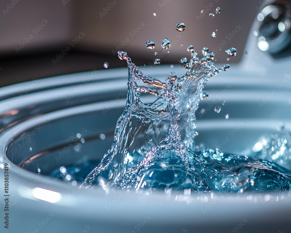 Poster water splashing in a circular basin, showcasing fluid dynamics and motion.