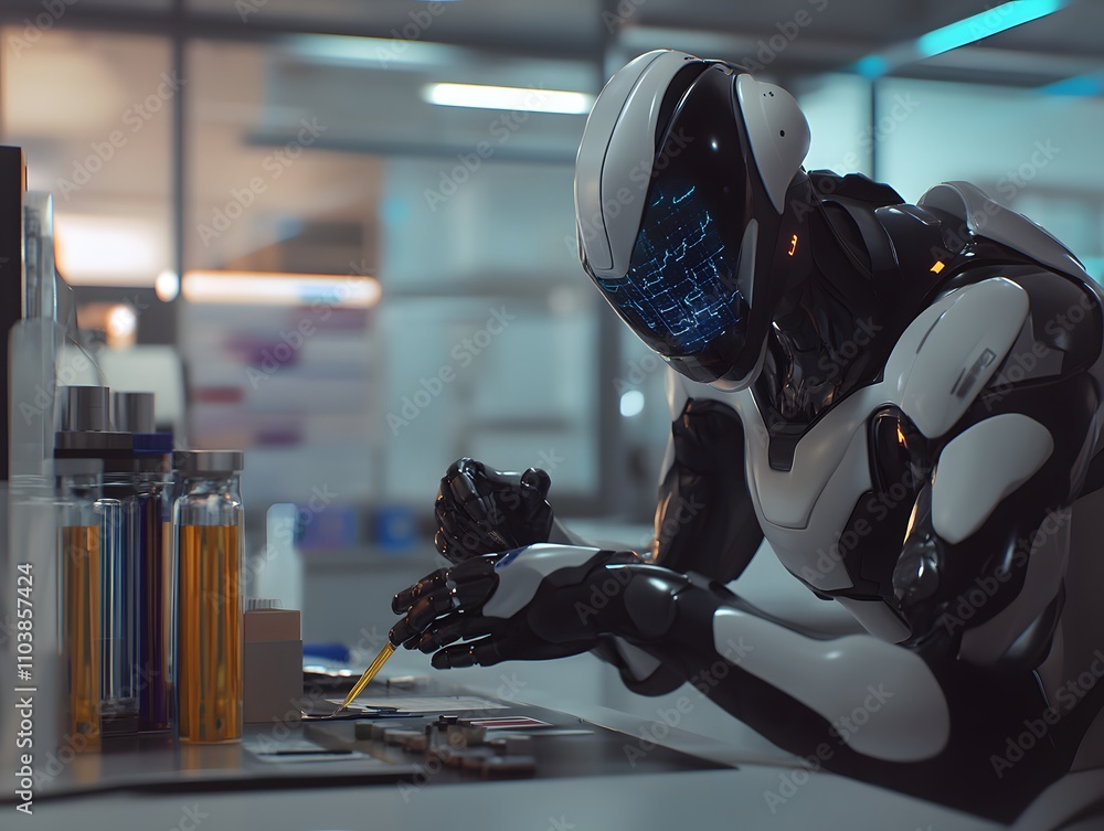 Poster a futuristic robot conducts experiments in a high-tech laboratory setting.