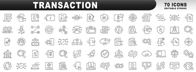 Big set of transaction related line icons. Payment, money, transfer, online etc. Editable stroke