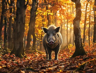 Bold wild boar design in dense fall woodland scene, boar, woodland, fall