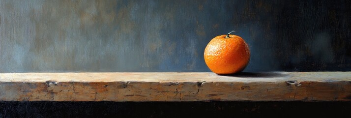 Morning Glow: Solitary Orange on Rustic Wood - A single, plump orange rests on a weathered wooden surface, bathed in soft morning light.  Simplicity, serenity, freshness, abundance, and natural beauty