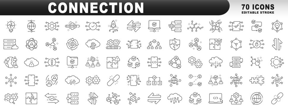 Big set of connection related line icons. Network, connect, team, link etc. Editable stroke