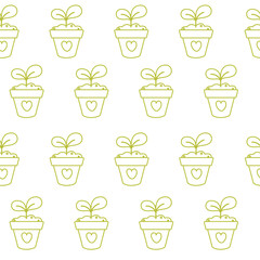 Seamless green outline pattern of seedling in a pot