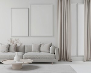 Minimalist living room interior with a pink sofa. a coffee table. a rug. and two blank frames on the wall