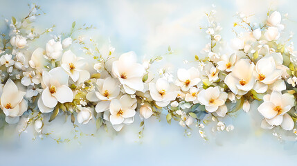 Obraz premium beautiful watercolor painting of magnolia flowers in full bloom, showcasing delicate white petals and lush greenery against soft blue background. artwork evokes sense of tranquility and elegance