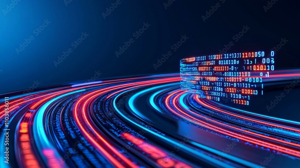 Poster screaming data, binary information flowing along a digital pathway - a concept of a digital code roa
