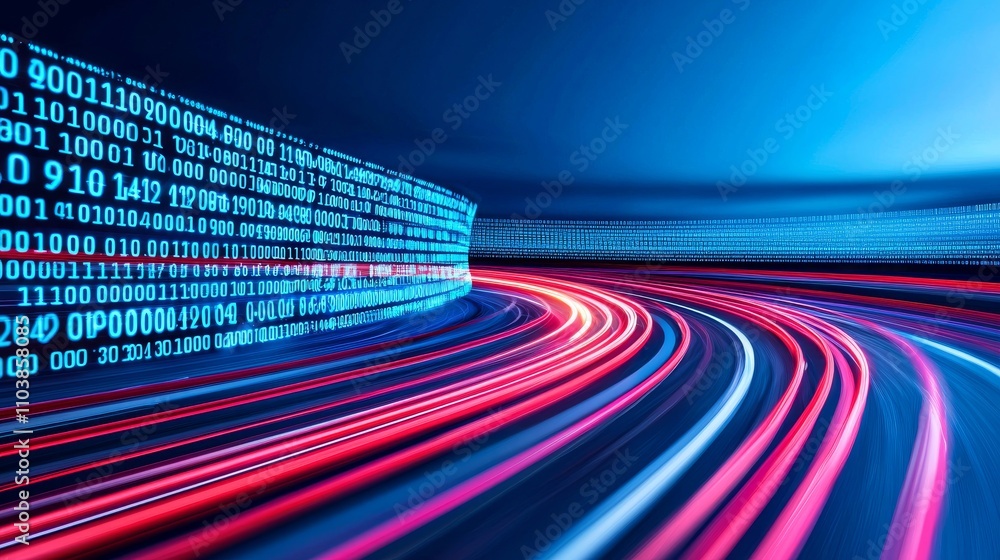 Poster screaming data, binary data streaming along a digital route - the idea of a digital code road - depi