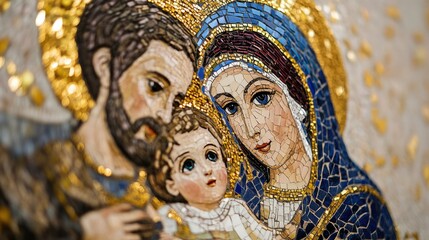 Obraz premium Close-up of a mosaic depicting the Holy Family, crafted with intricate details and golden accents