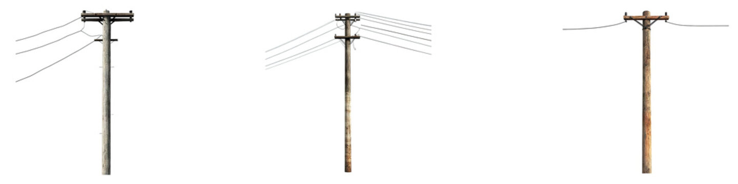 Utility pole isolated on transparent background, Set of