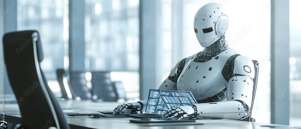Aufkleber a humanoid robot sitting at a desk, interacting with a digital interface in an office setting.