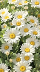 Fototapeta premium Botanical watercolor daisies with green leaves, design, clipart, vibrant colors