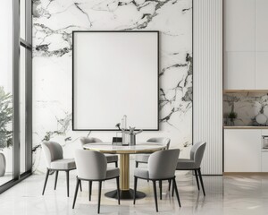 Minimalist dining area with a round table. two chairs. a large framed canvas. and marble wall decor
