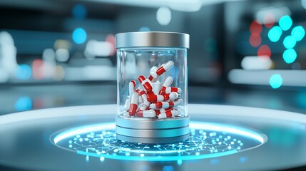 Healthcare innovation and biomedical technology. Capsules in a glass jar on a futuristic surface.