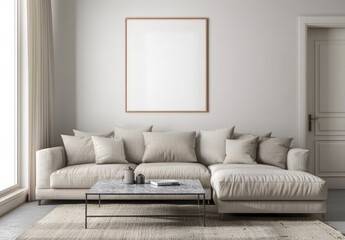Minimalist living room interior with a white sofa. a coffee table. and a blank frame on the wall