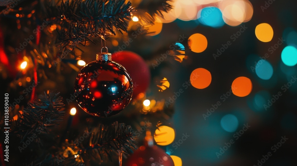 Aufkleber close-up of a shiny red christmas ornament hanging on a green pine tree with blurred colorful lights