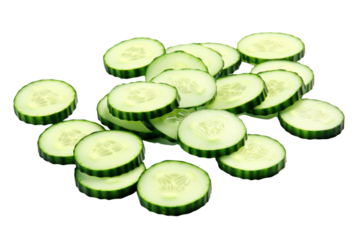 An assortment of cucumber slices with varying thicknesses, revealing the rich green hues and seed patterns, isolated on a clean white background for a fresh look.