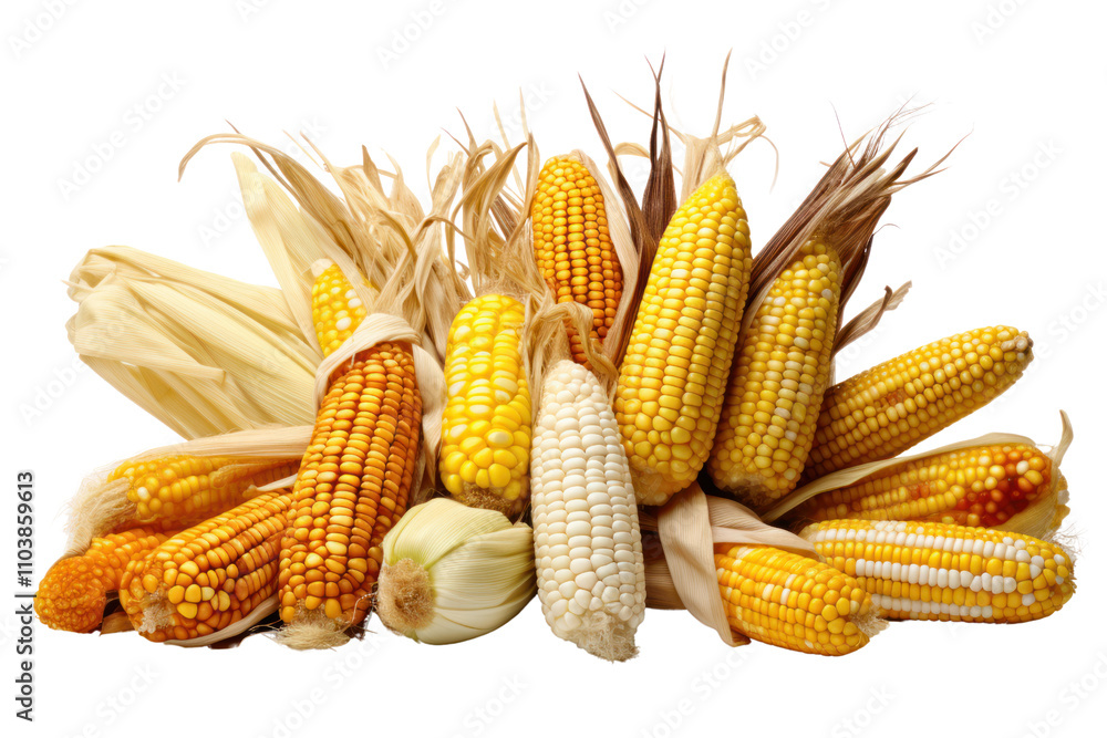 Poster an artistic composition of many ripe corncobs, featuring a mix of yellow and bi-colored varieties. t