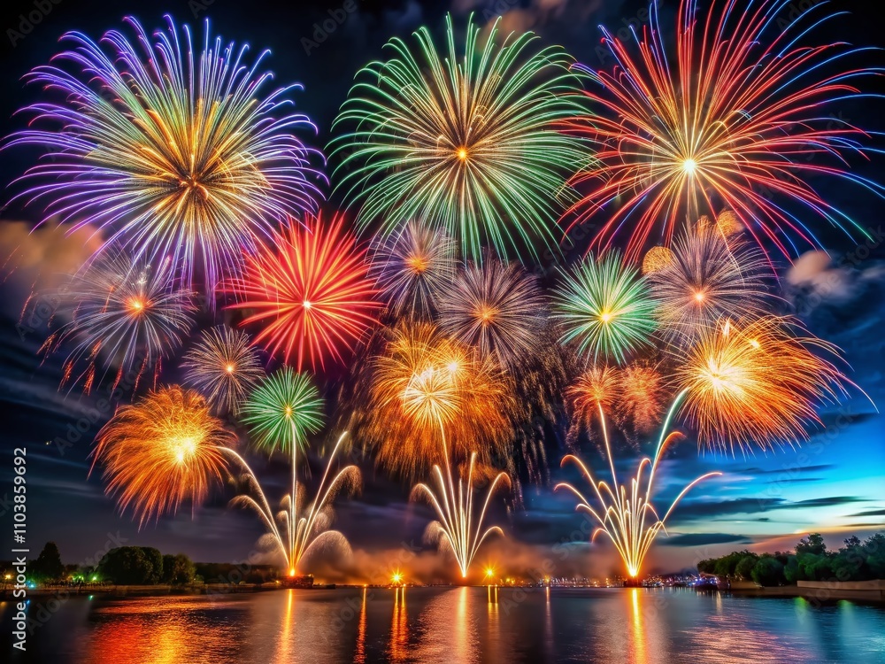 Poster stunning vertical format fireworks display captured at 1 frame per second with high depth of field f