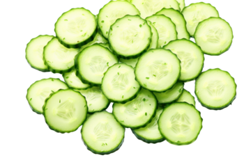 An assortment of cucumber slices with varying thicknesses, revealing the rich green hues and seed patterns, isolated on a clean white background for a fresh look.