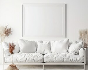 Minimalist living room interior design with a white couch. a throw blanket. and three empty picture frames above it