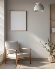A minimalist living room with a comfortable armchair. a white vase with dried pampas grass. and a large blank poster frame hanging on the wall