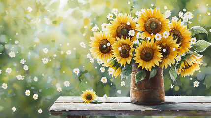 vibrant sunflower bouquet in rustic vase, surrounded by soft greenery, evokes cheerful and warm atmosphere. Perfect for nature lovers and floral enthusiasts