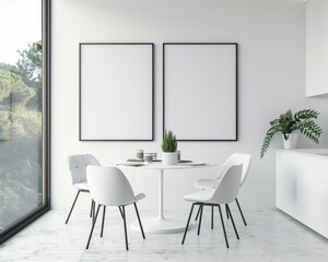 A minimal dining area with two blank frames. a round white table. two chairs. a plant in a white vase. and a window with a view of greenery