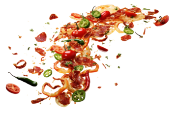 An array of pizza ingredients, including shredded cheese, diced bell peppers, pepperoni, and fresh herbs, captured in a whimsical falling motion against a clean white backdrop