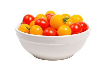 An array of juicy cherry and grape tomatoes, presented in a smooth ceramic bowl. The bright red and yellow colors of the tomatoes contrast beautifully with the bowl's neutral tone