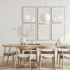 Modern dining room interior with white framed artwork. wooden table. and cream chairs